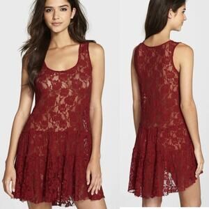 Free People NEW Emily Tiered Lace Slip Dress Dark Red XS